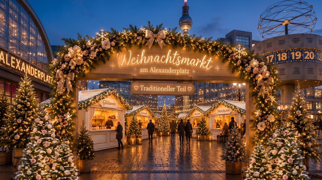Beleuchtetes Eingangstor mit Tannengirlanden und der Aufschrift „Weihnachtsmarkt am Alexanderplatz — Traditioneller Teil