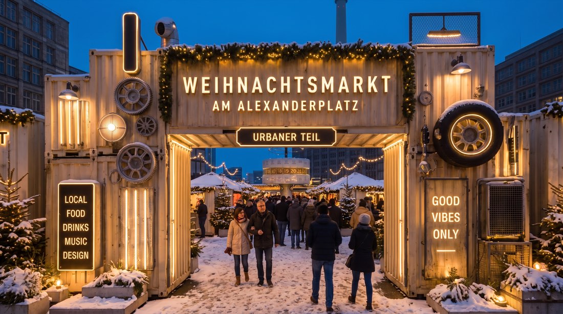 Eingangstor aus beleuchteten Containern mit der Aufschrift „Weihnachtsmarkt am Alexanderplatz — Urbaner Teil